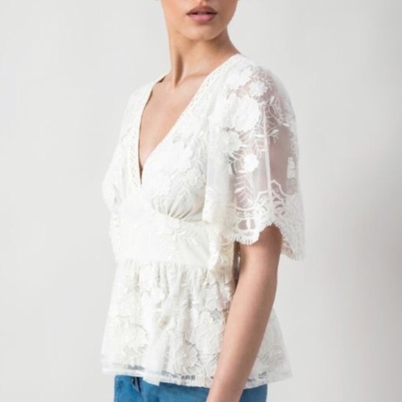 Dainty Cream Lace Peplum Floral Top - Picture 3 of 5